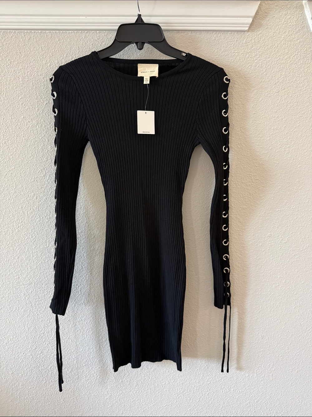 silence + noise Black Ribbed Lace-Up Long Sleeve Bodycon Dress